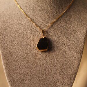 Natural Black Stone Pendant Necklace | Gold Trim | Minimalist Crystal Jewelry